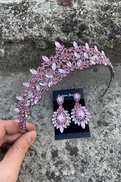 Hobigram Clara Pink Bridal Henna Crown Special Occasion Accessory Women's Crown and Wide Shuttle Earrings Set