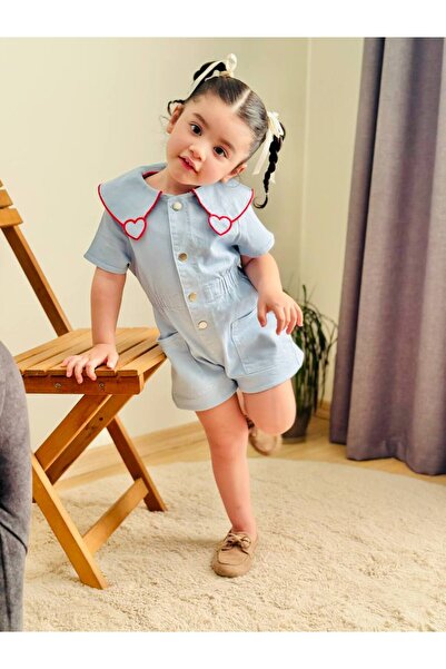Genel Markalar Kız çocuk bebe yaka kalpli belden lastikli şortlu tulum bayramlık