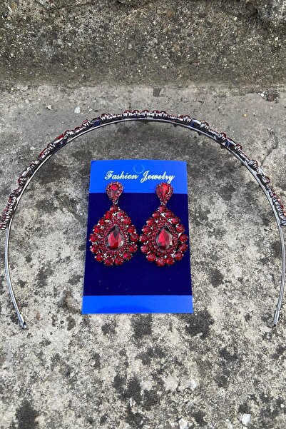 Hobigram Clara Burgundy Bridal Henna Crown Special Occasion Accessory Women's Crown and Drop Shuttle Earring Set