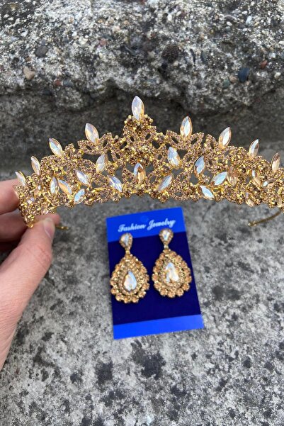 Hobigram Clara Gold Bridal Henna Crown Special Occasion Accessory Women's Crown and Drop Shuttle Earrings Set