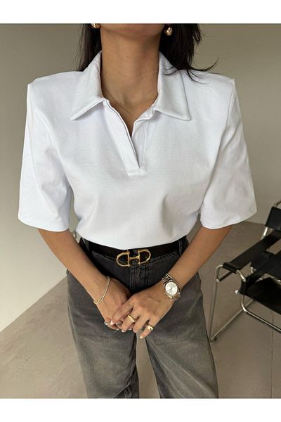 Bade Butik White Polo Neck Padded T-Shirt