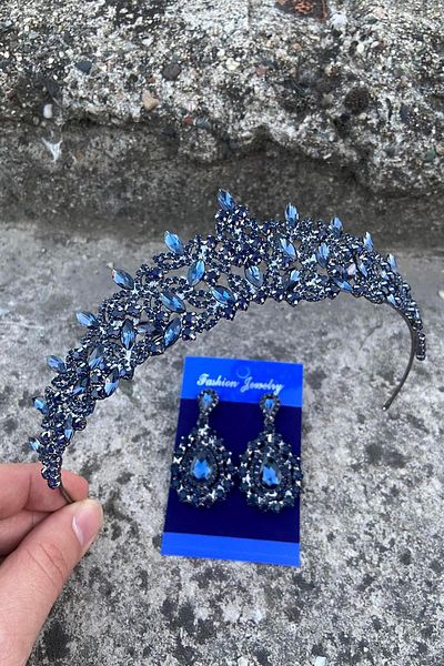Hobigram Clara Navy Blue Bridal Henna Crown Special Day Accessory Women's Crown and Drop Shuttle Earring Set