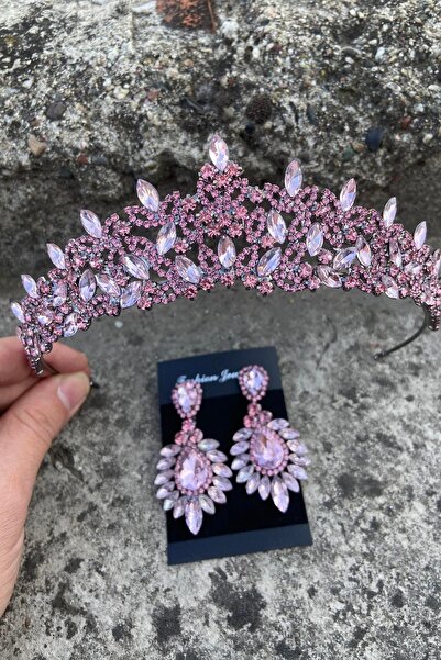 Hobigram Clara Pink Bridal Henna Crown Special Occasion Accessory Women's Crown and Wide Shuttle Earrings Set