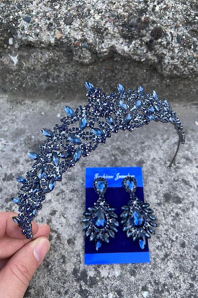 Hobigram Clara Navy Blue Bridal Henna Crown Special Day Accessory Women's Crown and Wide Shuttle Earring Set