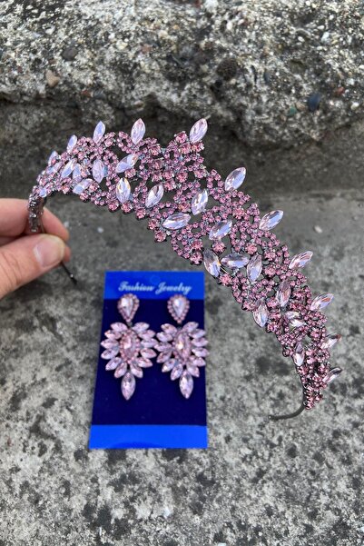 Hobigram Clara Pink Bridal Henna Crown Special Occasion Accessory Women's Crown and Thin Shuttle Earring Set