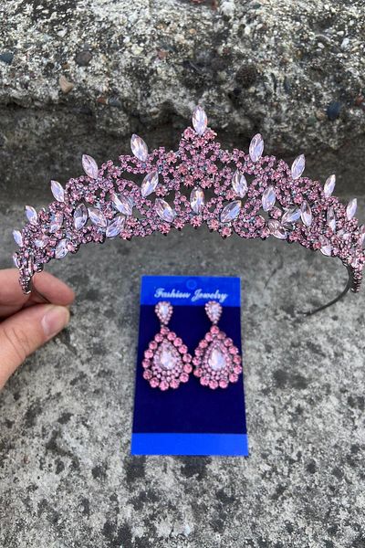Hobigram Clara Pink Bridal Henna Crown Special Occasion Accessory Women's Crown and Drop Shuttle Earrings Set