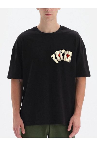 Pisa Art Черна мъжка тениска Oversize с щампа на асове за игрални карти
