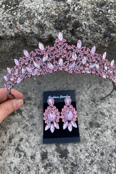 Hobigram Clara Pink Bridal Henna Crown Special Occasion Accessory Women's Crown and Three Shuttle Earrings Set