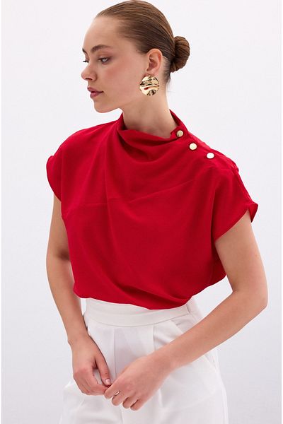 Sateen One Shoulder Clip Red Bluz