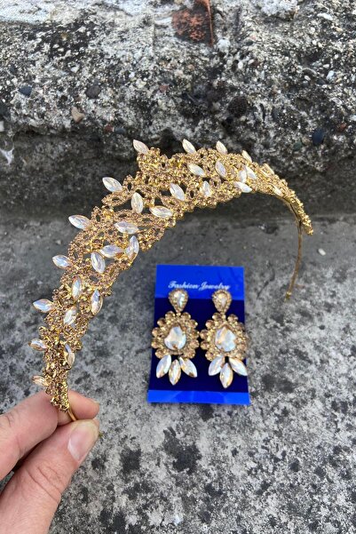 Hobigram Clara Gold Bridal Henna Crown Special Occasion Accessory Women's Crown and Three Shuttle Earrings Set