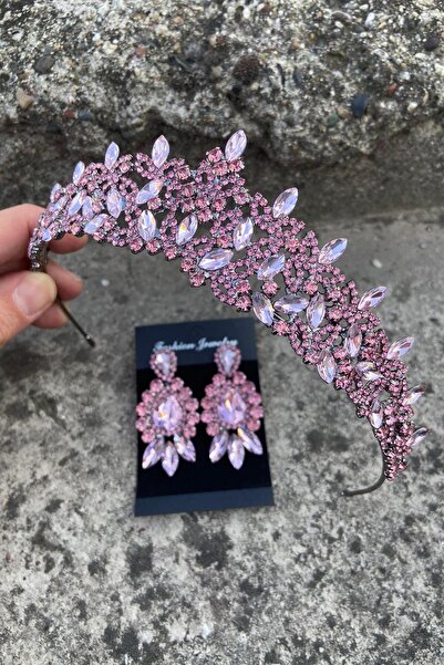 Hobigram Clara Pink Bridal Henna Crown Special Occasion Accessory Women's Crown and Three Shuttle Earrings Set