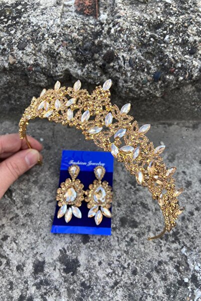 Hobigram Clara Gold Bridal Henna Crown Special Occasion Accessory Women's Crown and Three Shuttle Earrings Set