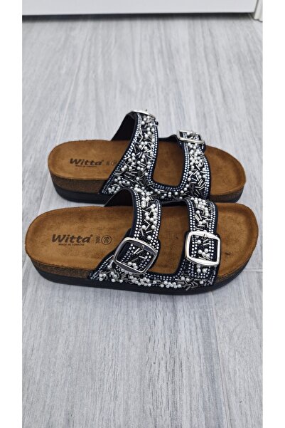 MODESA BY KAVCAR Women's Orthopedic Daily Non-Slip Sole Soft Leather Anatomical Double Tape Beaded Stone Comfortable Slippers