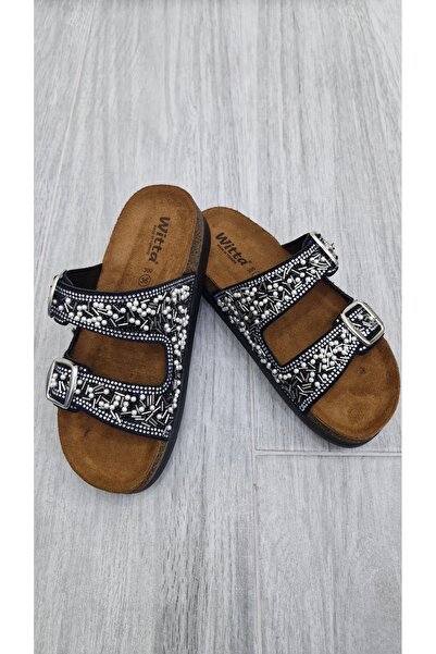 MODESA BY KAVCAR Women's Orthopedic Daily Non-Slip Sole Soft Leather Anatomical Double Tape Beaded Stone Comfortable Slippers