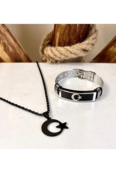 Bay hediye Ay Yıldız Türk Bayrağı Figürlü Süper Kalite Çelik Kolye&Bileklik Set