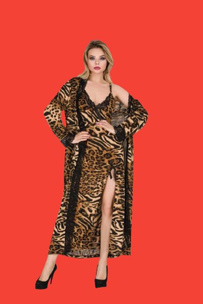 Cooqpoo Store2.Product 50% Leopard 3XL- 4XL Size Black Yellow Straps Slit Double Women's Dressing Gown Set