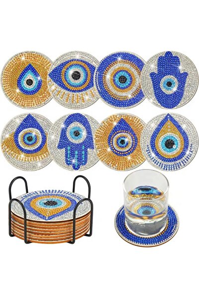 BGA Elmas Boyama Bardak Altlığı Seti 8adet Tel Stant Nazar Desenli Elmas Boya...