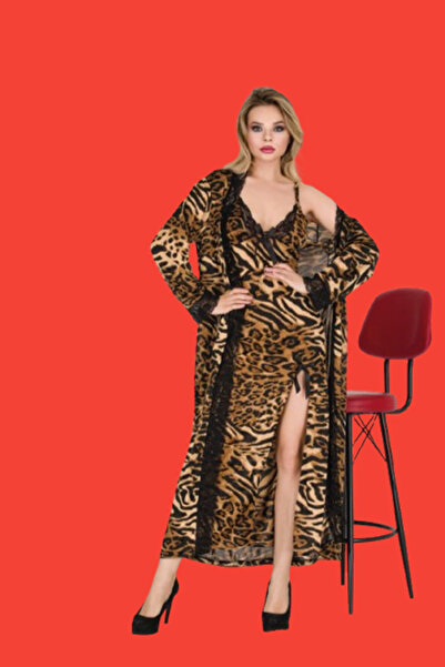 Cooqpoo Leopard Print 3Xl-4Xl Size Black Yellow Strappy Slit Double Women's Dressing Gown Set
