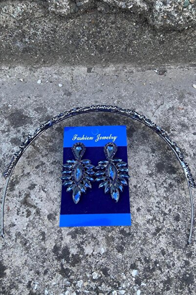 Hobigram Clara Navy Blue Bridal Henna Crown Special Occasion Accessory Women's Crown and Thin Shuttle Earring Set