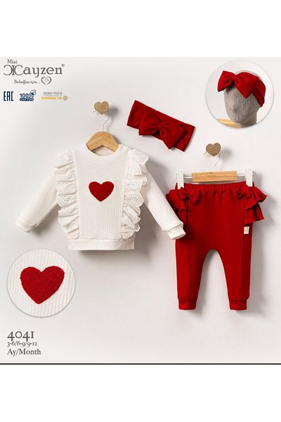 cayzen Heart Bottom Top Set and Bandana 3-Piece Baby Set – Soft Fabric, Cute Design