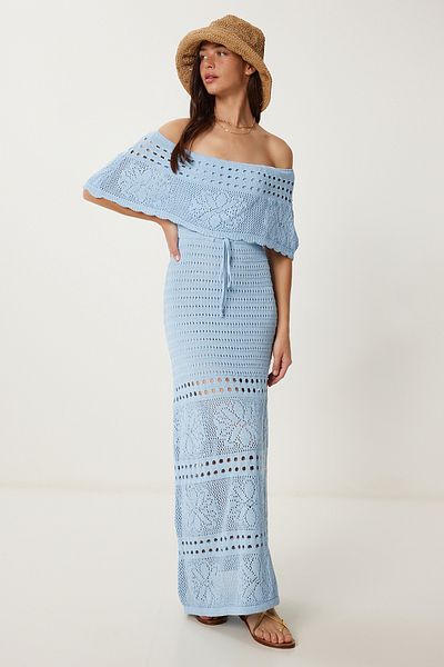 Lovelyİstanbul Καλοκαιρινό πλεκτό φόρεμα Carmen Collar Openwork SKY BLUE LKİ0031