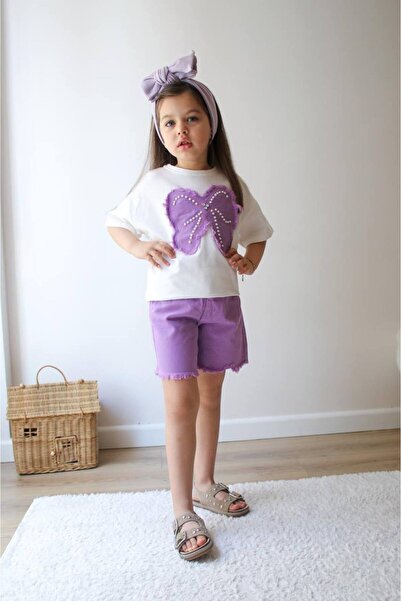 lesa kids wear Ribbon Stone Denim Shorts Girl's Suit