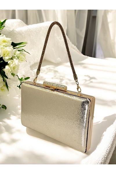 Biçanta New Model Gold Color Shiny Patterned Chain Strap Stone Handle Women's Evening Dress Bag Wedding Engagement Graduation