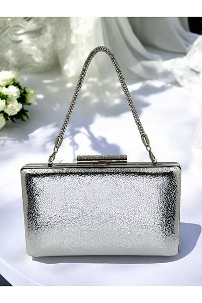 Biçanta New Model Silver Color Shiny Patterned Chain Strap Stone Handle Women's Evening Dress Bag Wedding Graduation