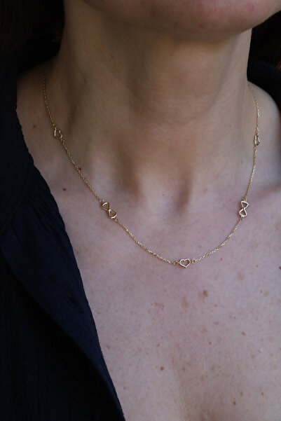 Yenigün Kuyumculuk 14 Ayar Altın Sıralı Kalp ve Kurdeleli Kolye