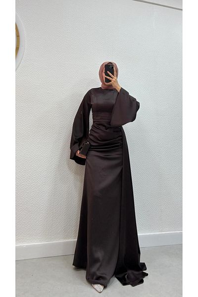 modadeywearst Σατέν Μουσουλμανικό βραδινό φόρεμα με λεπτομέρεια κρεμαστή ουρά