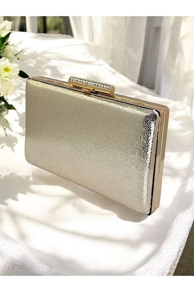 Biçanta New Model Gold Color Shiny Patterned Chain Strap Women's Evening Dress Bag Wedding Engagement Graduation
