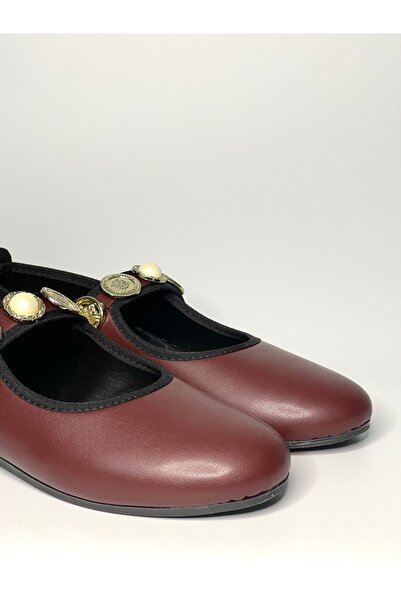 Barka Bordo suni deri para puan incili ayarlanabilir tokalı kadın babet