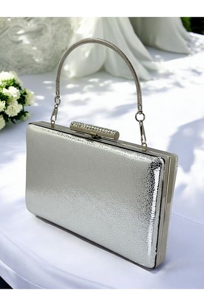 Biçanta New Model Silver Color Shiny Patterned Chain Strap Handle Women's Evening Dress Bag Wedding Engagement Graduation