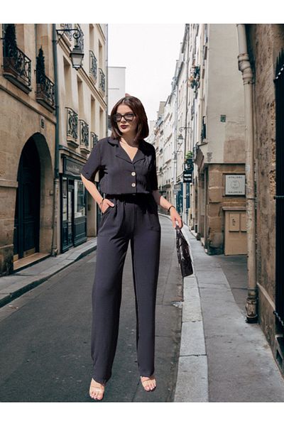 BEES JEANS Apash Collar, Short Sleeve, Linen/Airobin Fabric, Relaxed Fit, Half Placket, Gathered Waist Jumpsuit -700-2622