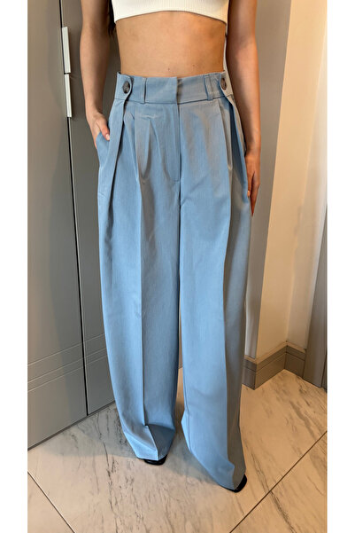 canelibutik Office Style Women's Blue Polyviscon Pleated Trousers with Button...
