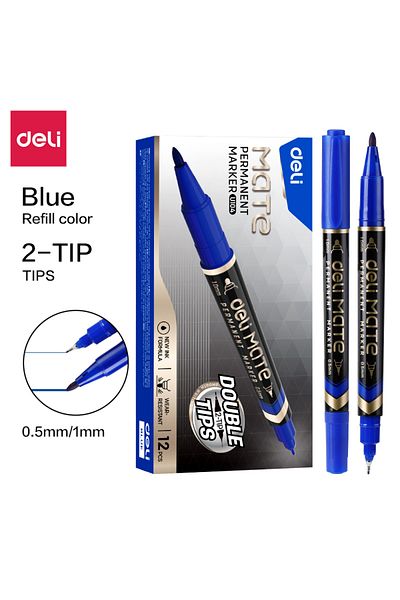 Deli Deli EU10430 Permanent Marker, Blue, Dual-Tip 1.0mm & 0.5mm, 12PCS – For Labeling & Writing