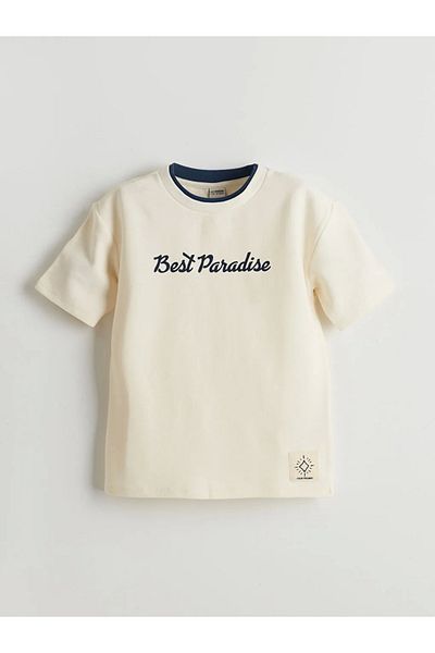 LC Waikiki Lcw Kids Ecru Crew Neck Embroidered Ottoman Piping Boys' T-Shirt