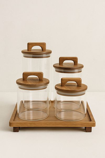 Mirilliahome Vacuum Lid Acacia Stand Glass Jar Set – Set of 4 Food Storage Jars with Natural Wooden Lids