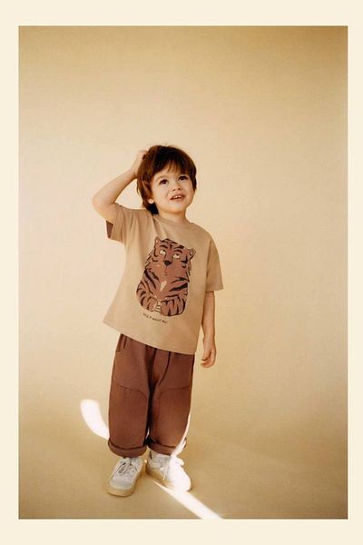 MİO Boys' Cotton Beige Tiger Printed T-Shirt and Brown Trousers Set