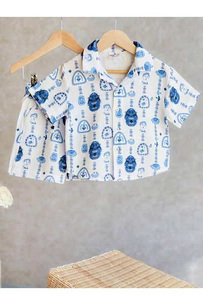 MİO Set de pantaloni scurți pentru băieți din bumbac, alb, albastru, cu modele - mâneci scurte