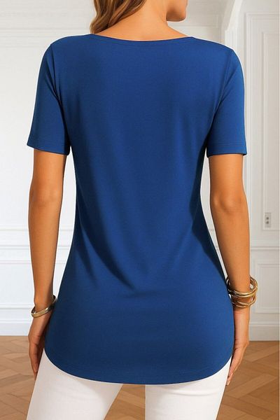 KAZAK Women's Short Sleeve Round Neck Side Button Viscose Blouse