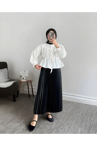 MODA Waist Gathered Shirt Pleated Skirt Set