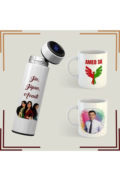 ZERYA Selahattin Demirtas and Amedspor Illustrated Mug Cup - Jin Jiyan Azadi Thermos Set (2 Mugs 1 Thermos)