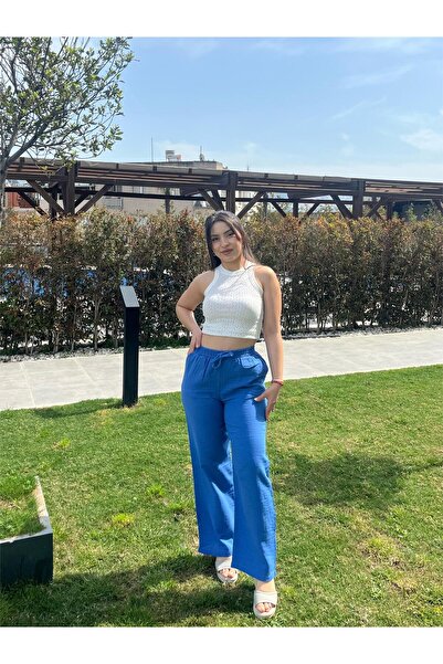 ELSEBUTİKTR Women's Muslin Waist Lace-Up Double Pocket Blue Color Summer Trousers