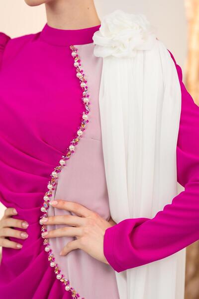 YAFA CLOTHING & ACCESSORIES Omuzdan Şallı Elbise Fuşya