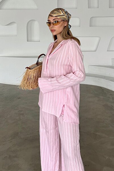 Olcay Önszabályozott csíkos ing nadrág szett RÓZSASZÍN 9356-TK