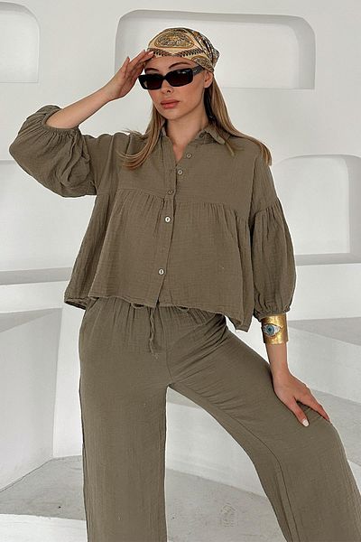 Olcay Casual κοντό πουκάμισο Διπλό Σετ Μουσελίνας KHAKI 9355-TK