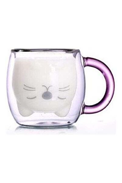 HALAMODO كوب زجاجي معزول مزدوج الجدار على شكل قطة لطيفة، شفاف