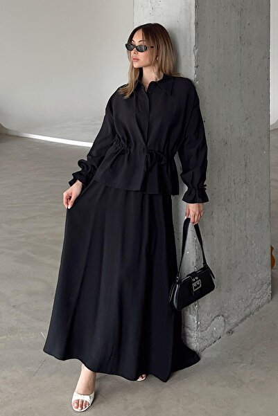 Olcay Gathered Detailed Skirt Jacket Modal Suit Black 9347-Tk