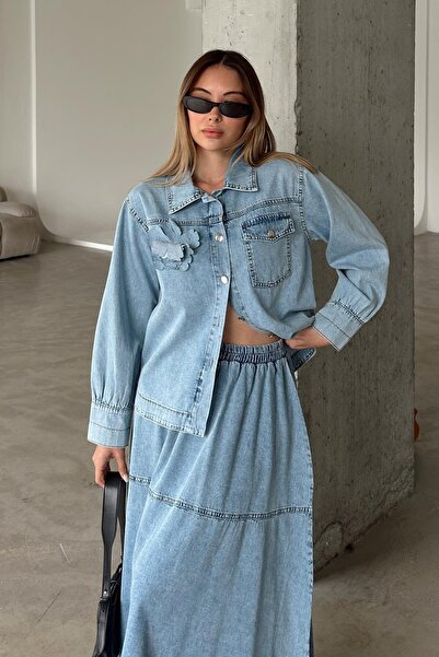Olcay Flower Applique Skirt Jacket Denim Suit Blue 9346-Tk